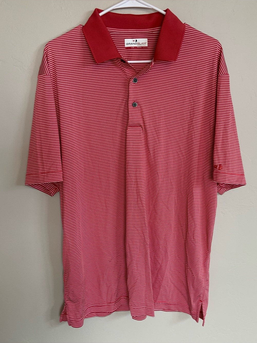 Grand Slam Mens Red/White Striped Collared Button Golf Polo Short Sleeve Size L